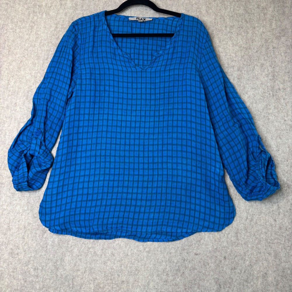 FLAX Linen Tunic V-Neck Roll Tab Sleeve Top Womens Small Blue Plaid Check Tunic